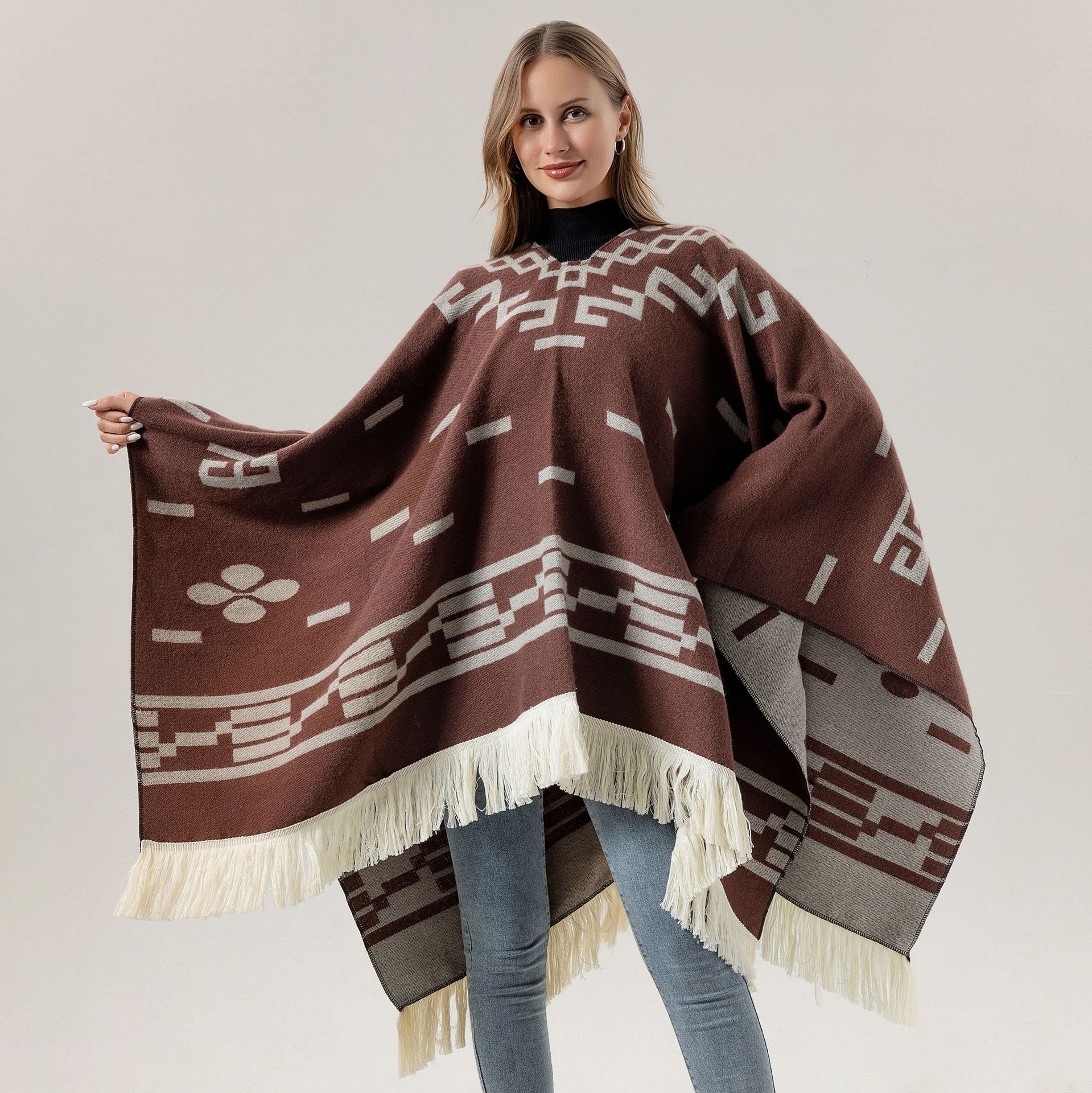 Wine red Women's Versatile Faux Cashmere Poncho Cape Shawl with Geometric Pattern & Fringe Trim - One Size — image 2