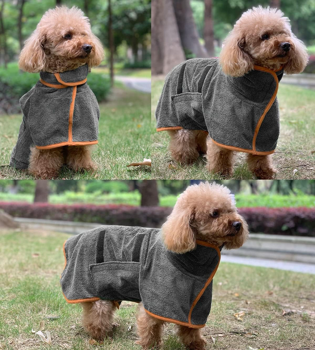 Dog Bathrobe - 1 Piece - Size M - Grey with Orange Piping - Absorbent Dog Towel - Adjustable Strap Dog Robe - Pet Drying Coat — image 5