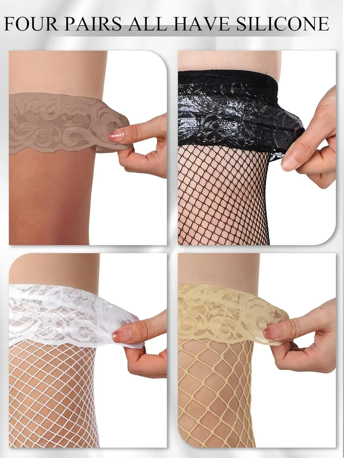 4 Pairs Women's Thigh High Stockings, Fishnet Sheer Lace Silicone Top Over Knee Socks — image 6