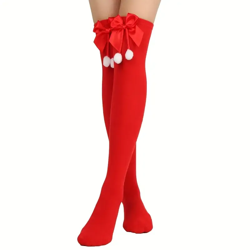Christmas Over-the-Knee Socks, Handmade Polyester-Cotton Bows, Sweet & Warm Holiday Outfit. 4-Pack A01 Combo Set โ image 5