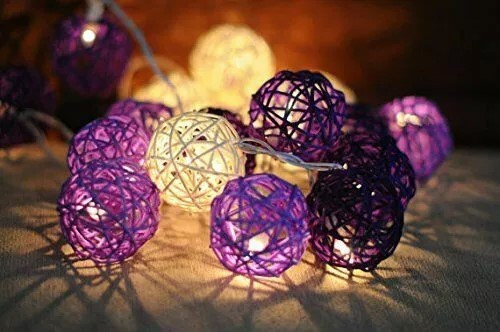 1 Set of Purple n White 5cm Rattan Cane 50 Ball Battery Powered LONG 5m String Lights Christmas Gift Home Wedding Party Bedroom Decoration Table