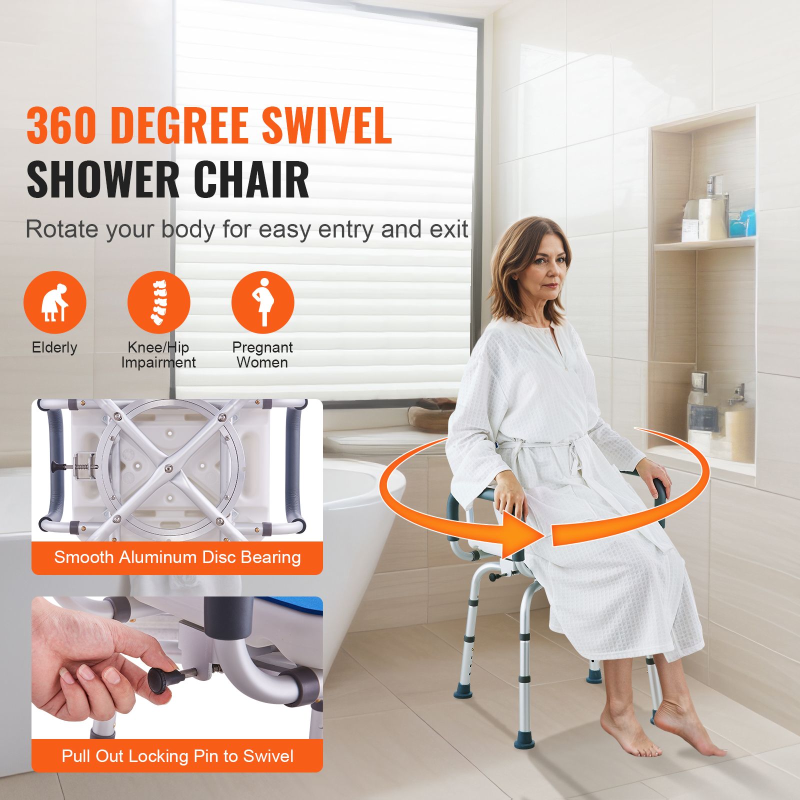 Swivel Shower Chair 360 Degree, Adjustable Shower Seat with Armrests and Backrest for Inside Shower or Bathtub, Non-Slip Rotating Bathtub Chair Seat for — image 2