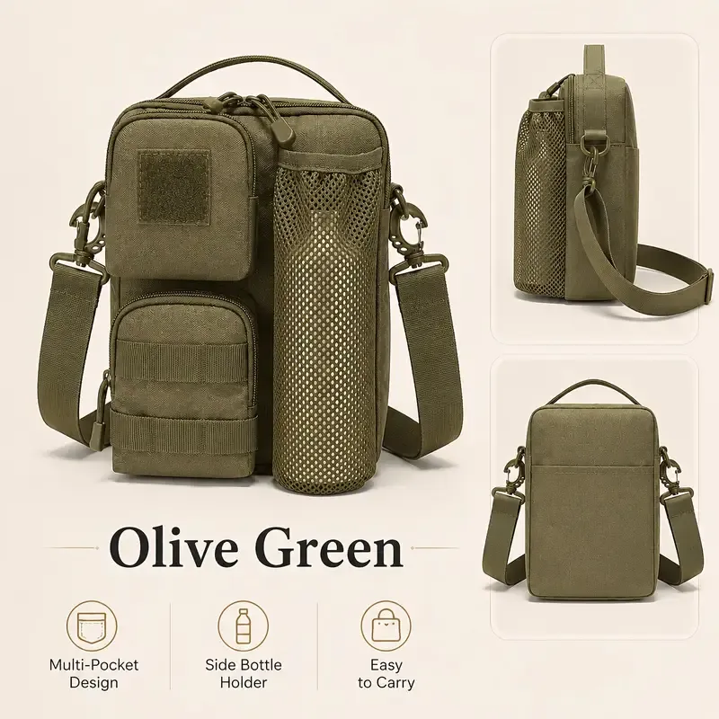 Oxford Cloth Tactical Sling Water Bottle Pouch Men, Waterproof Nylon EDC Crossbody Bag, Lightweight Outdoor Cycling Shoulder Pack/olive green