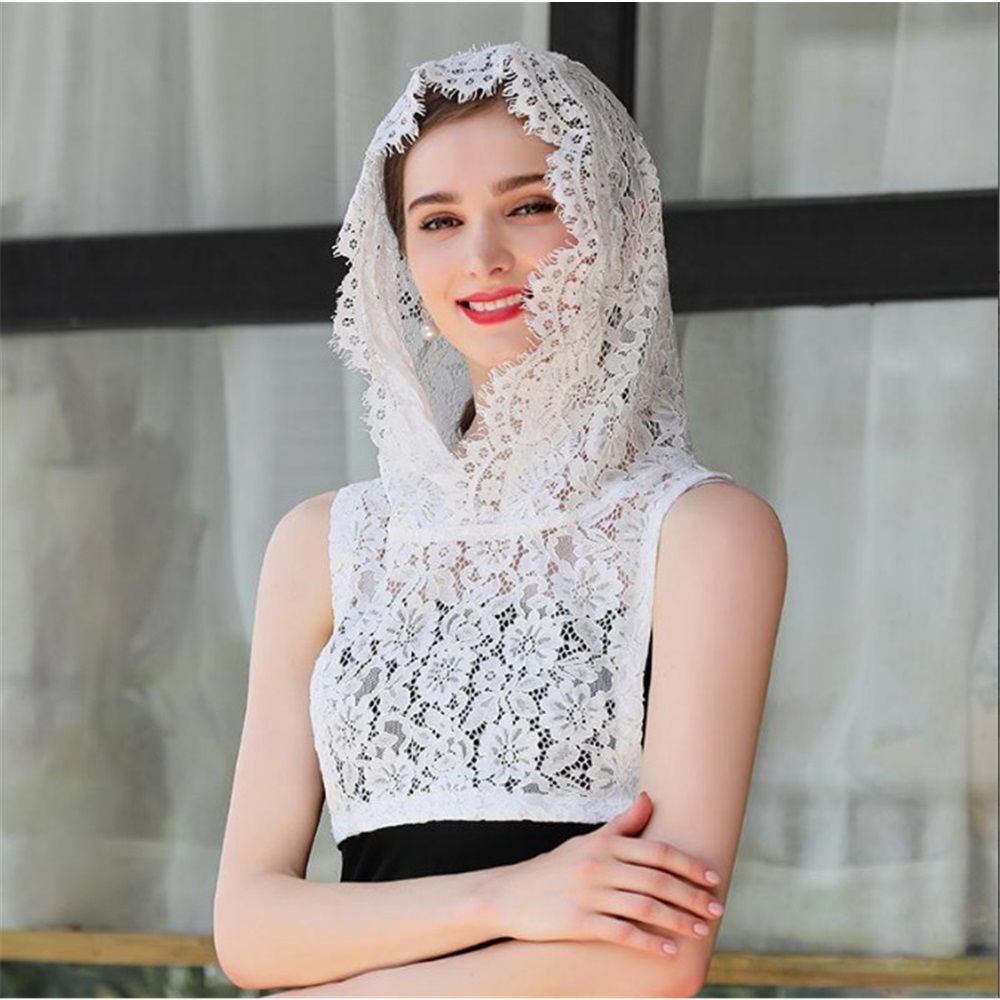 Veils Head Covering Floral Lace Cathedral Chapel Veil, Lace False Collar Half-Shirt Sunscreen Collar Hooded White — image 5