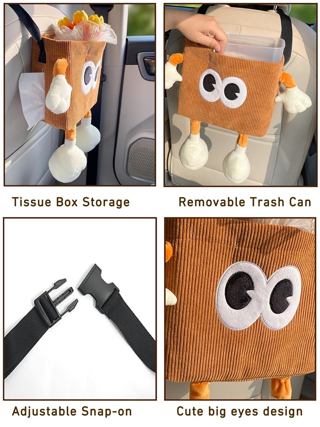 Car Cute 2 in 1 Trash Can with Tissue Holder Box Seat Back Bag Hanging over the Seat Organizer Plush Cartoon Animal Storage Garbage,Brown — image 3