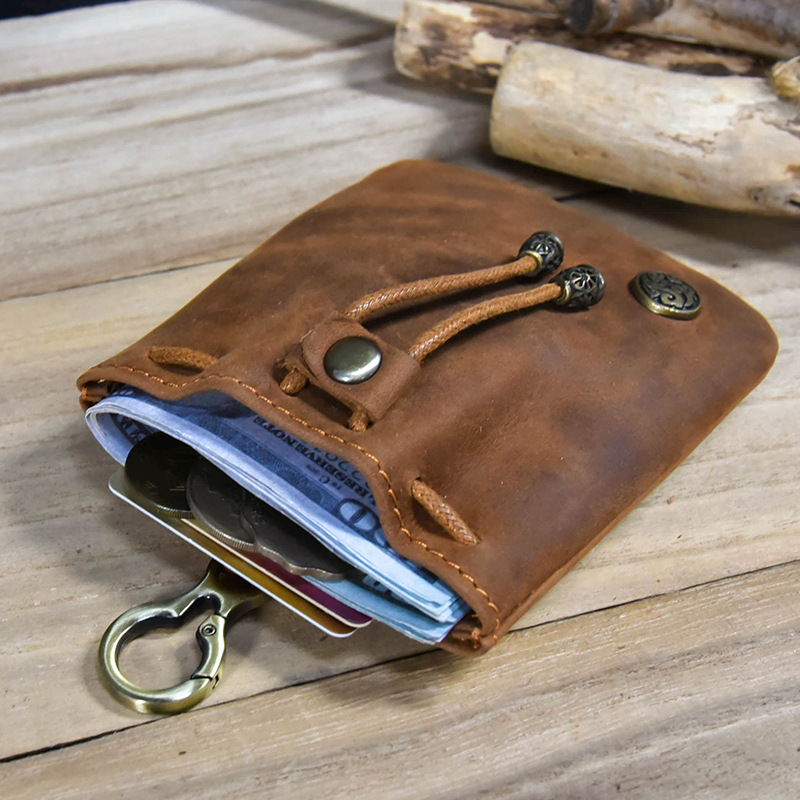 Light Brown Vintage Crazy Horse Leather Coin Purse Handmade Drawstring Pouch with Belt Clip Small Storage Bag for Coins Keys and Dice EDC — image 3