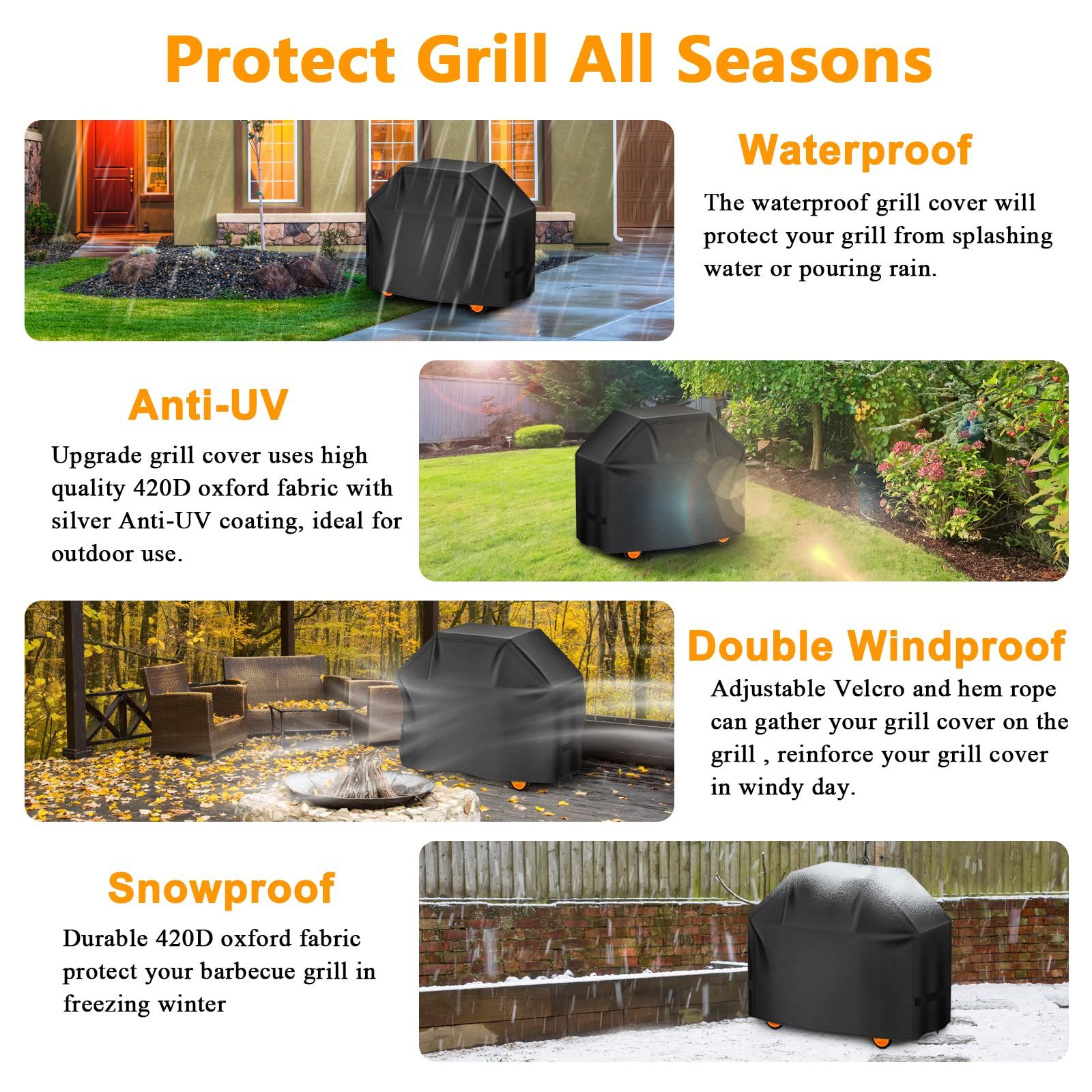 Grill Cover, 58inch BBQ Gas Grill Cover for Charbroil/Outdoor Grill, Barbecue Anti-UV with Hook-and-Loop and Hem Rope Monument — image 3