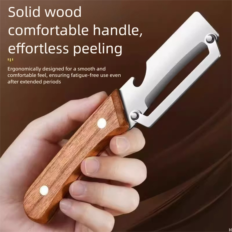 2 Pack Multi-functional Stainless Steel Peeler Set, Wooden Handle Vegetable Peeler & Scallion Slicer with Bottle Opener for Kitchen — image 6