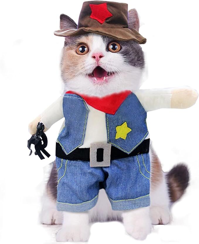 pet products Small Dog Cowboy Costume with Hat 2pcs Funny Halloween Chucky Costumes Cool West Cowboy Uniform Puppy Denim Overalls Western Cosplay