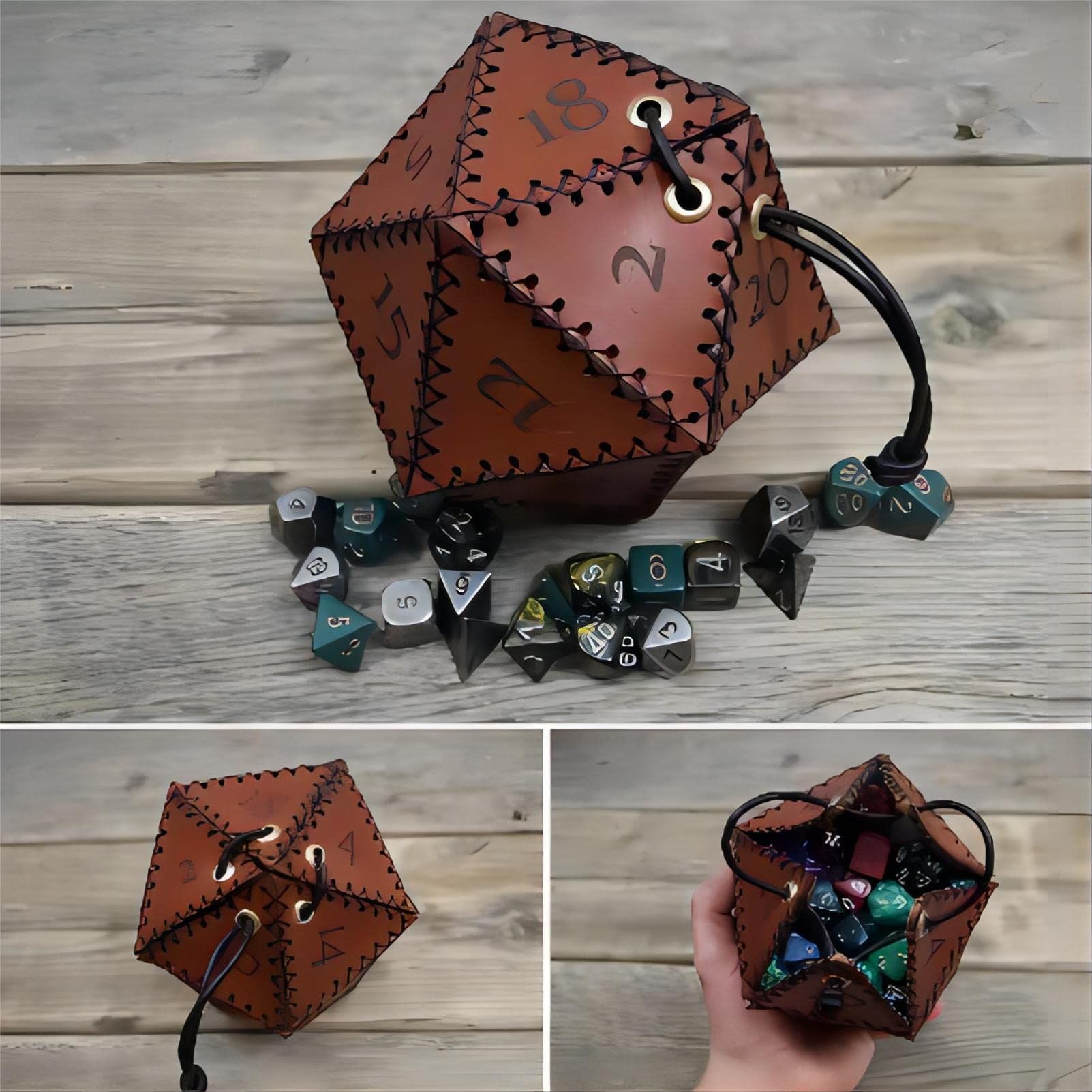Leather D20 Dice Bag, Polyhedral Dice Pouch Portable Drawstring Bag for RPG,Game,DND Dice Bag, Brown — image 5