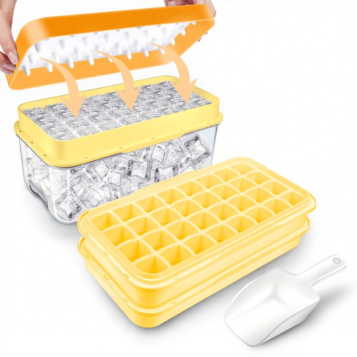 Frozen Ice Cube Tray - Food-Grade Ice Cube Tray with Lid - Ice Cube Tray - 2 Layers, Yellow - Releases all ice cubes in one second - Ice Cube Tray