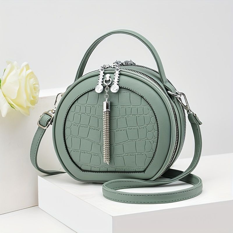 Ladies Handbag Round Handbag Croc-Embossed Handbag Tassel Handbag High-Quality - Black - Size L — image 2