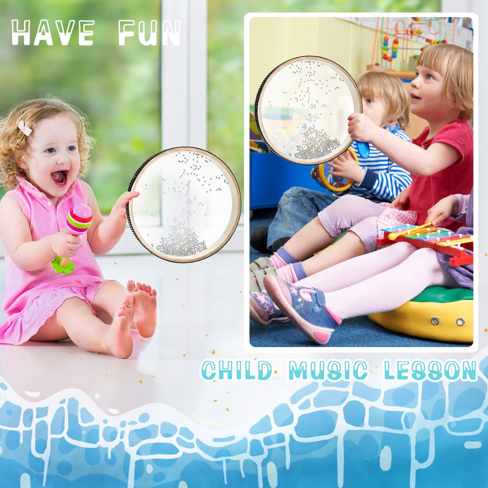 Drum 6 Inches Wave Bead Hand Drum Natural Color Sound Drum Percussion Wave Drum with Hardwood Shell Sea Drum Musical — image 4