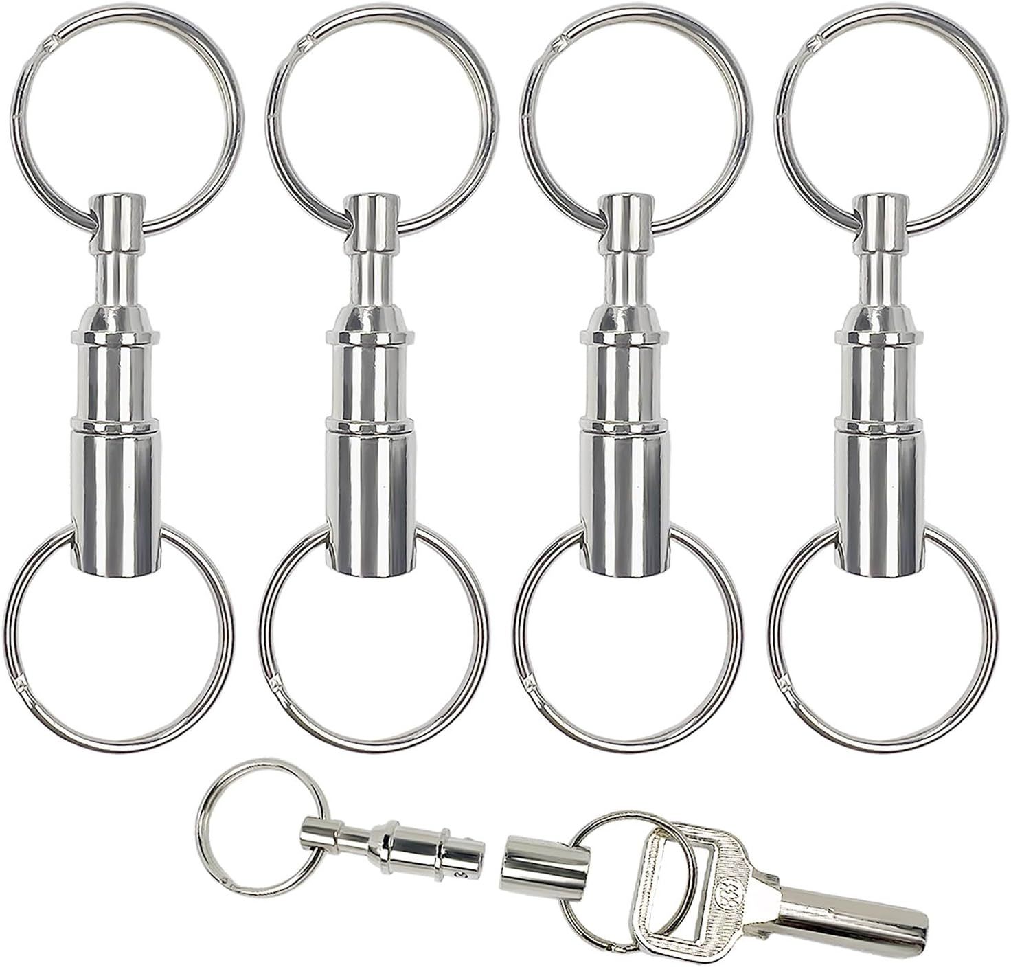 4 Pack Detachable Quick Release Keychains, Dual Pull Apart Metal Key Rings for Car Keys, Lanyards, Bags and Everyday Carry, Silver