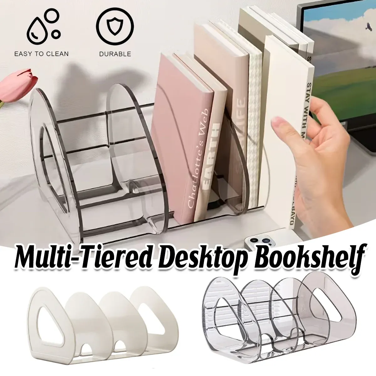 Desk Standing Divider Shelf Organizer Space Saving Office Study Storage Rack - White — image 2