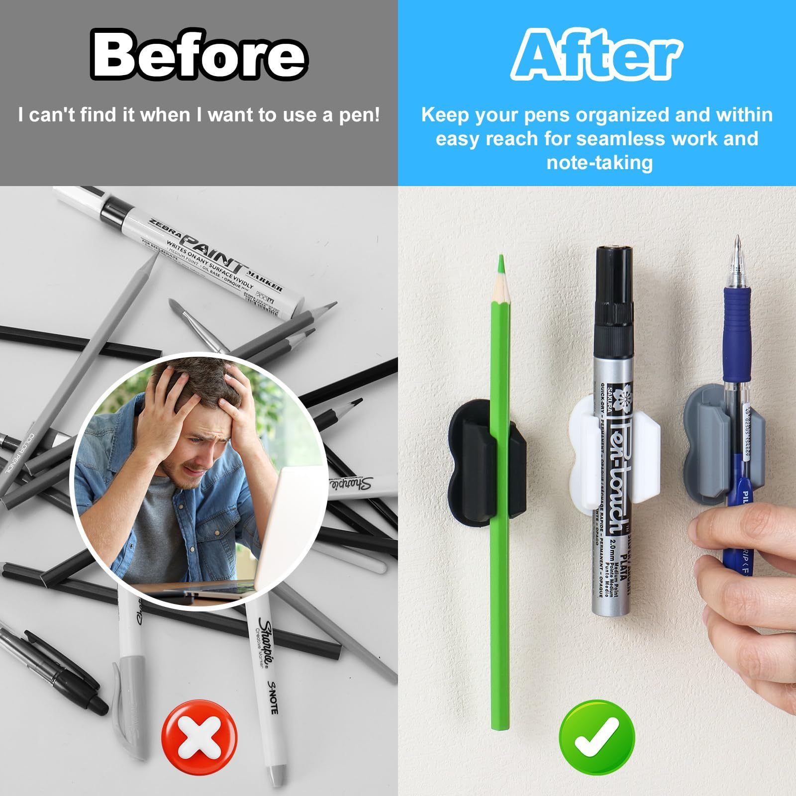 3 Pack Upgraded Pen Holder, Adhesive Pencil Pen Holder for Desk & Wall, Marker Holder, Pencil Holder, Pen Holder for Clipboard