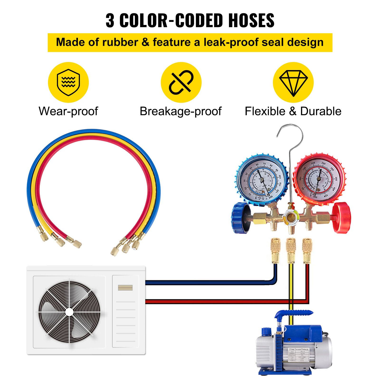 4CFM 1/4HP Rotary Vane Vacuum Pump + R134AManifold Gauge Tester Charging +Hose — image 5