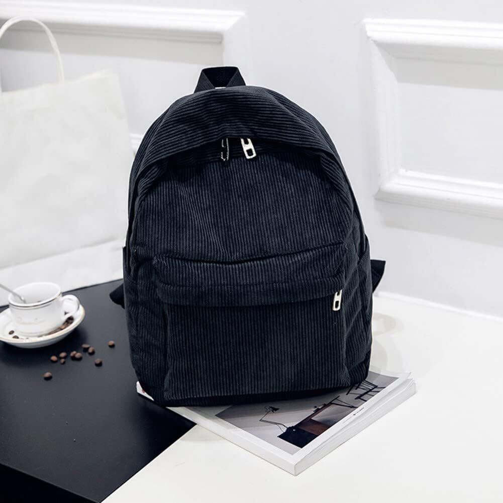 Corduroy Backpack, 14 Inch Cute Backpack Aesthetic Casual Striped Bookbag Lightweight Corduroy Book Bag for Travel (Black) — image 2