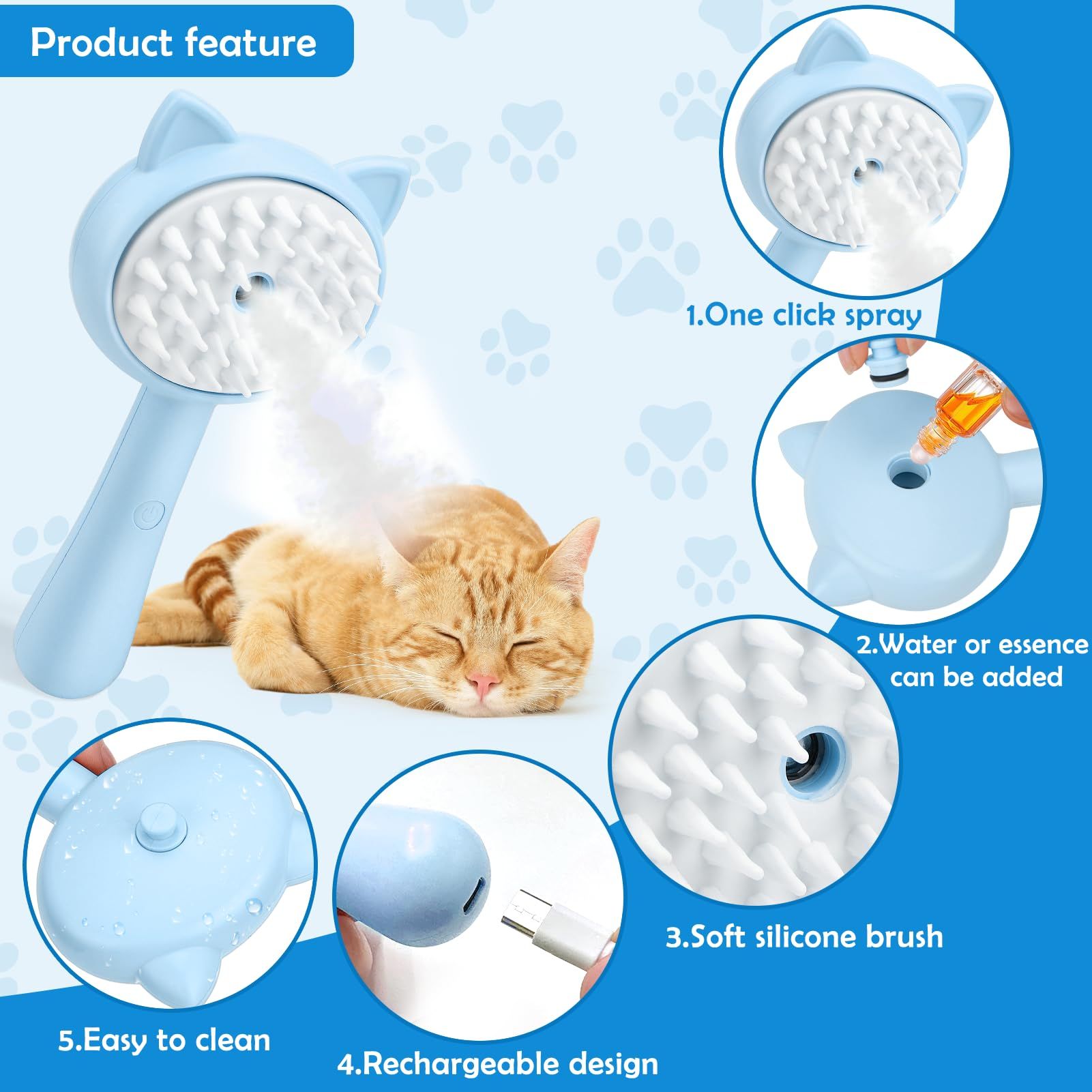 3 In1 Steamy Cat Brush for Shedding, Cat Steamer Brush for Massage, Pet Hair Removal Tool Comb for Cats and Dogs, Blue — image 5