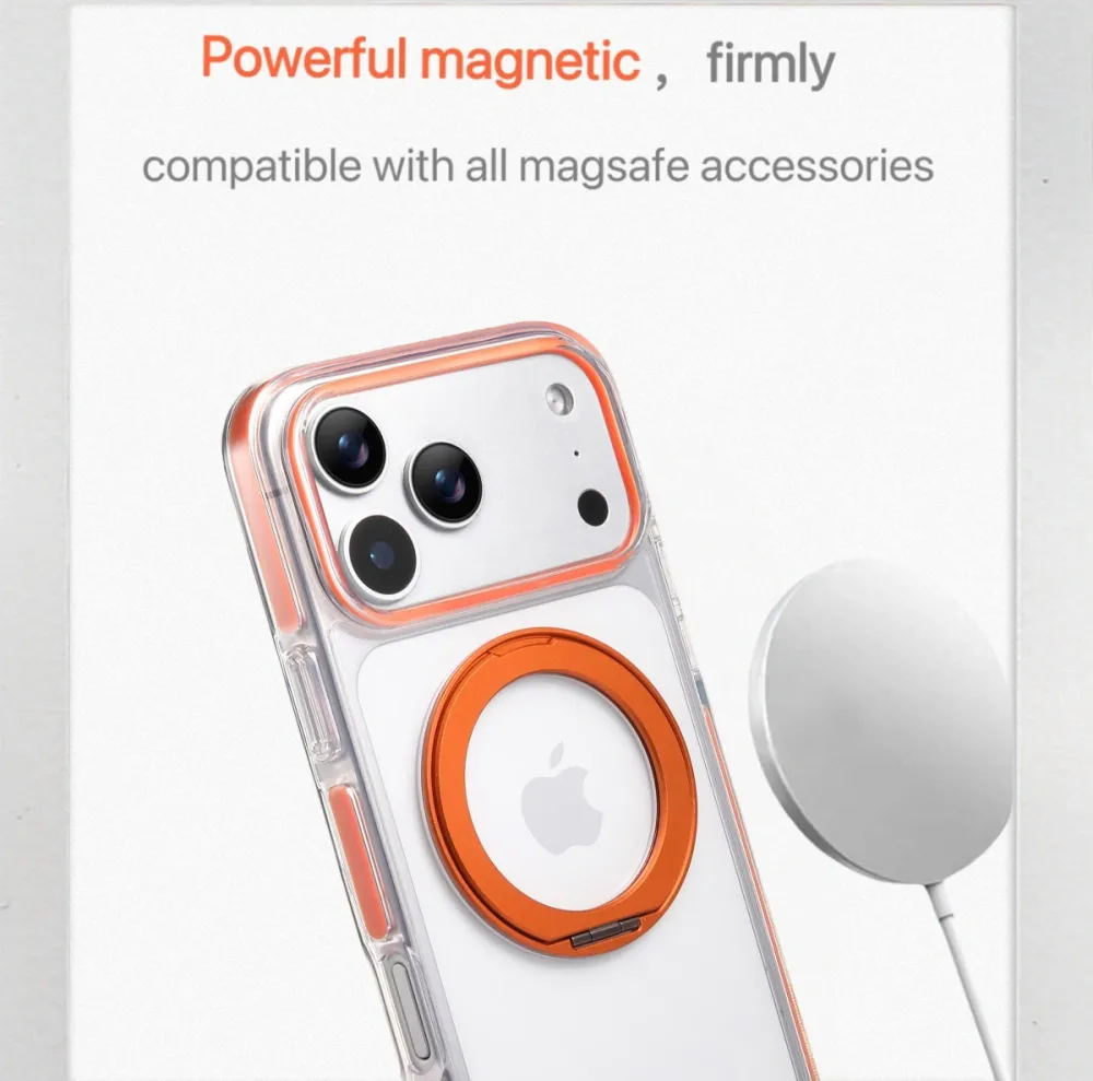 Clear MagSafe iPhone 17 Pro Max Case with 360° Rotating Ring Stand - Orange Edition — image 2