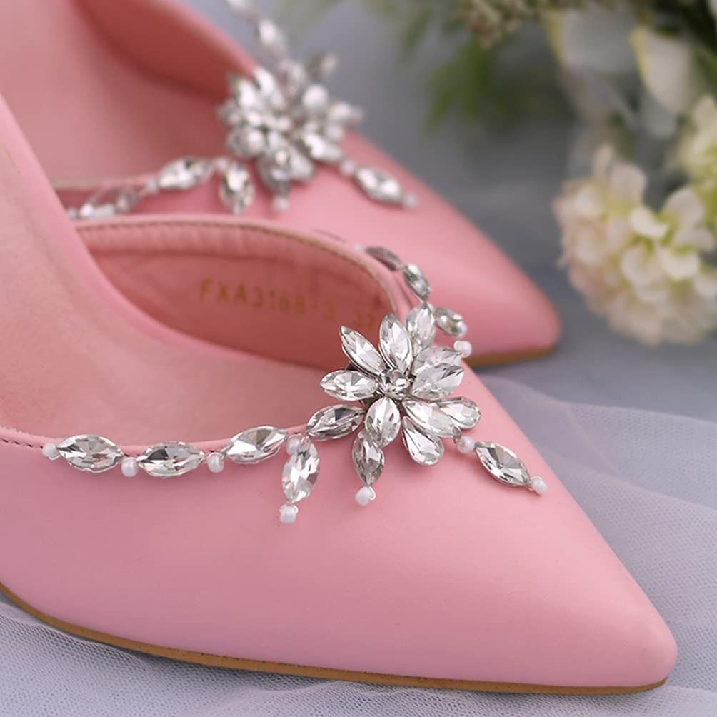 1 Pair Pearl Shoe Clips Rhinestone Crystal Bridal Shoe Buckles Decorative Flower Shoe Charms Floral Shoe Decoration for Wedding — image 2