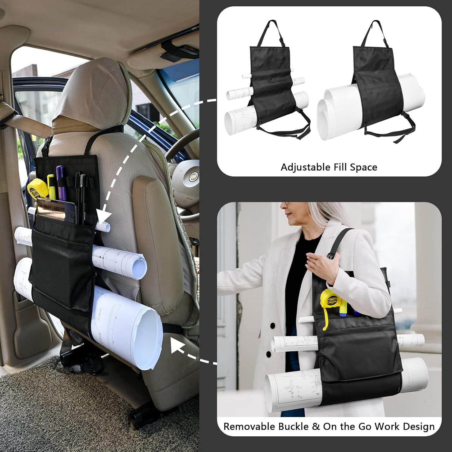 Homakover Car Seat Organizer, Blueprints Car Organizer, Maps Holder, Drawings Car Pockets, Artwork Car Pocket, Posters Holder with Shoulder Strap/Pockets and — image 3