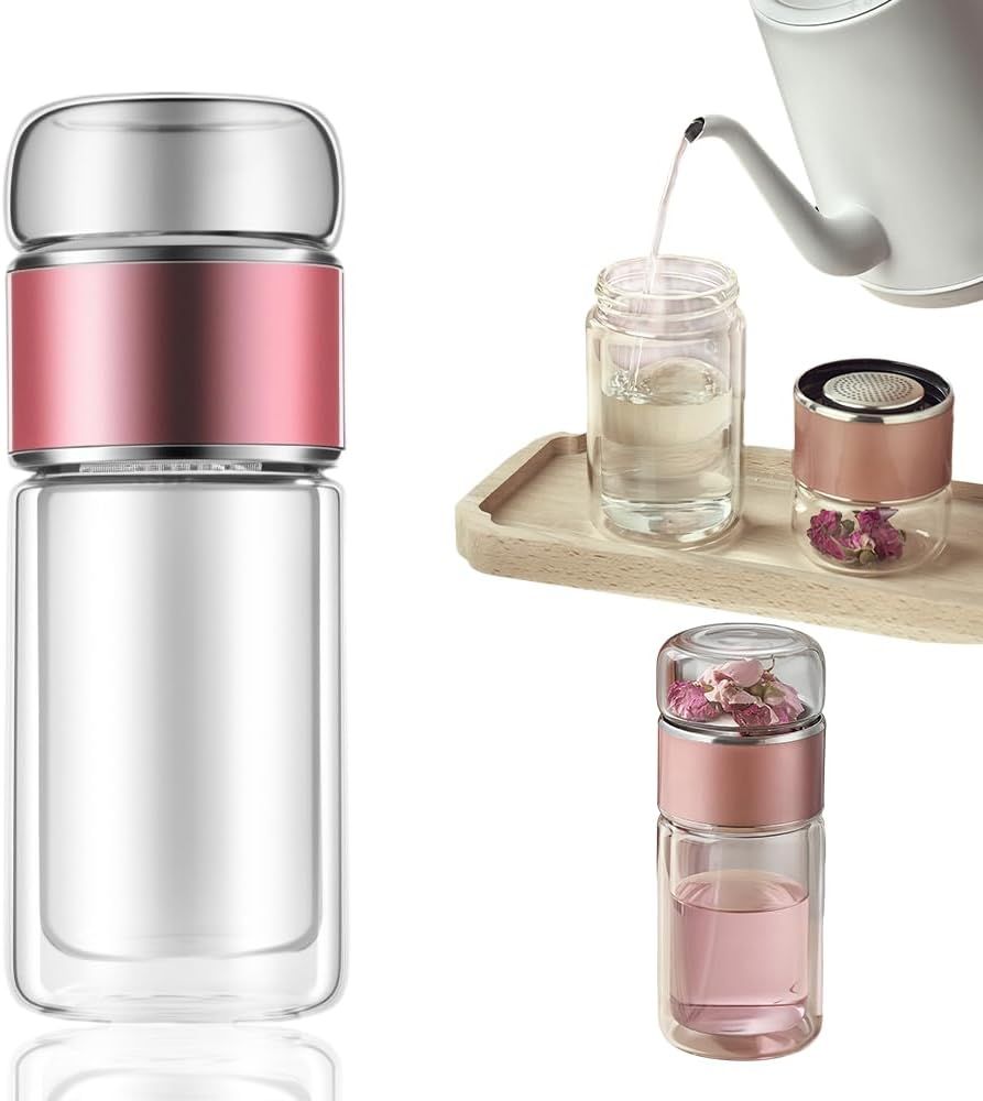 Double Wall Glass Tea Infuser Bottle Tumbler - 12oz/350ml Leakproof Travel Mug with Stainless Steel Filter for Loose Leaf Tea & Fruit Water, Hot or Cold Ready