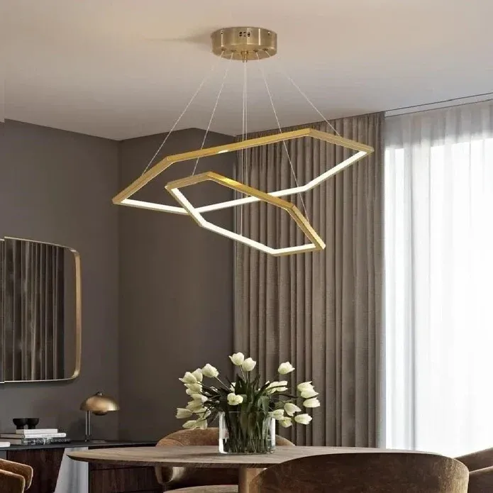 BAMDECOR AD2582/2 Modern LED Chandelier, Hexagonal Rings Ceiling Lighting Contemporary Chandeliers (2 Rings-Brass Gold)