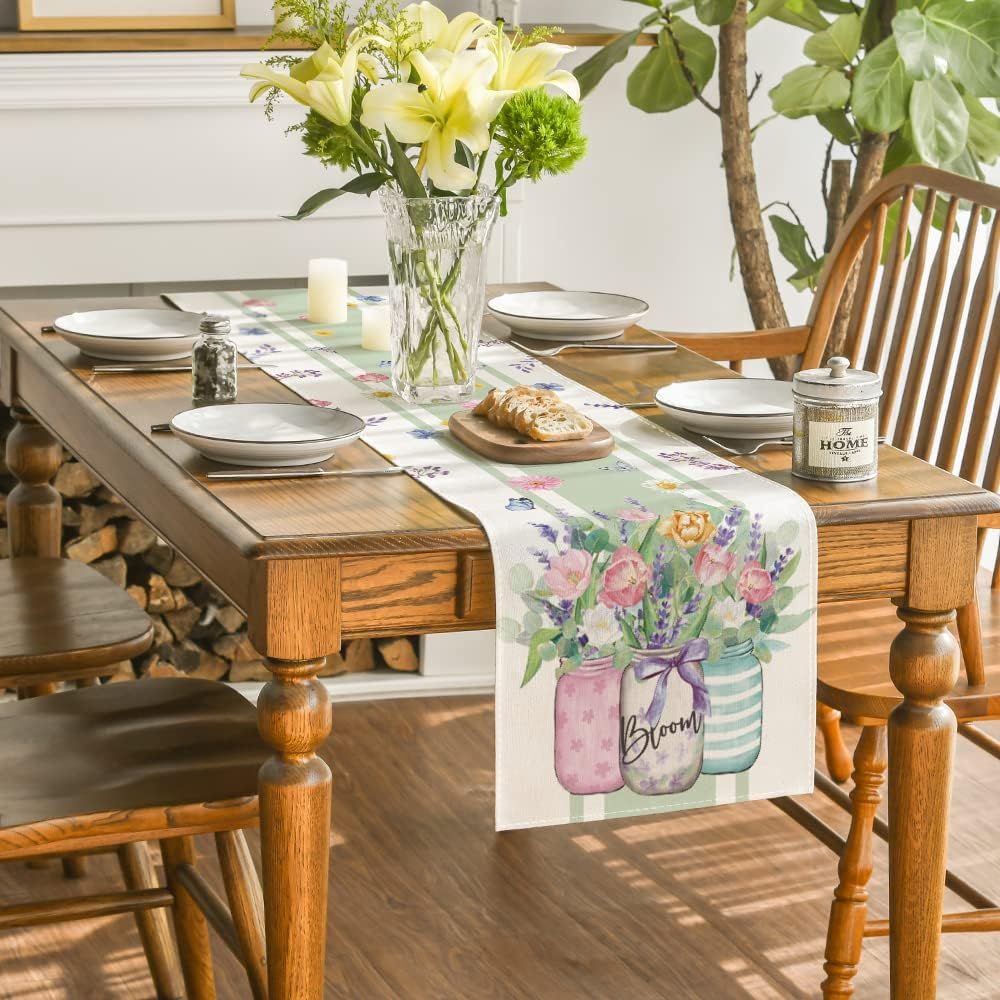 Vase Bloom Tulip Lavender Summer Table Runner, Seasonal Spring Kitchen Dining Table Decoration for Home Party Decor 13 × 72 Inch — image 4