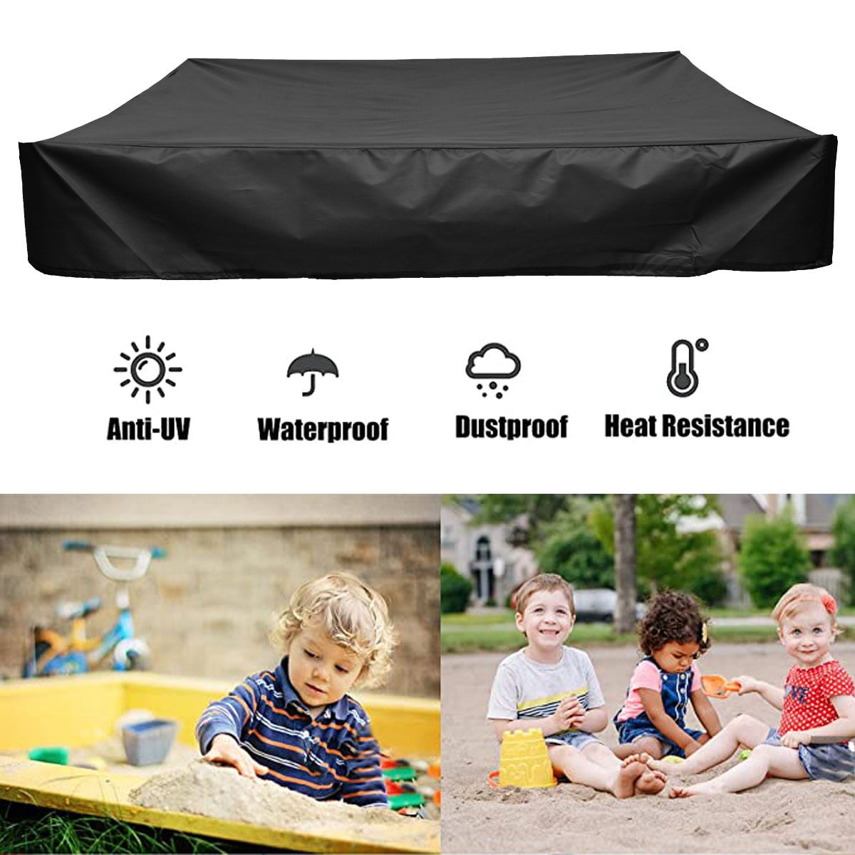 420D Heavy Duty Sandbox with Cover, Sand Coxes for Kids Outdoor Square Sandboxes Sandpit Cover (Black), Cover Only 200X200cm โ image 4