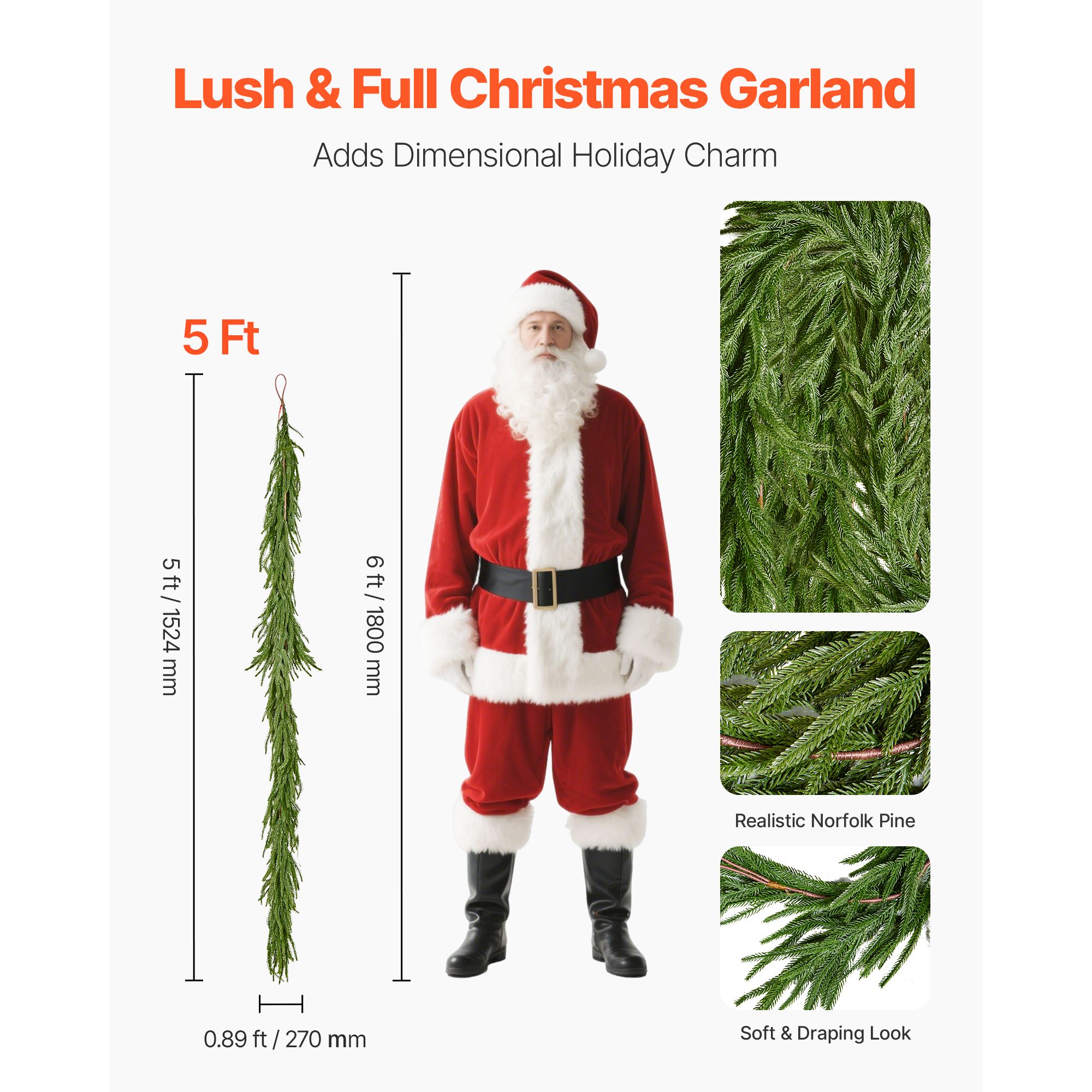 Christmas Garland, 1524 mm Realistic Norfolk Pine Garland, Evergreen Real Touch Artificial Faux Greenery Garlands, for Holiday Indoor Outdoor Xmas Decoration โ image 2