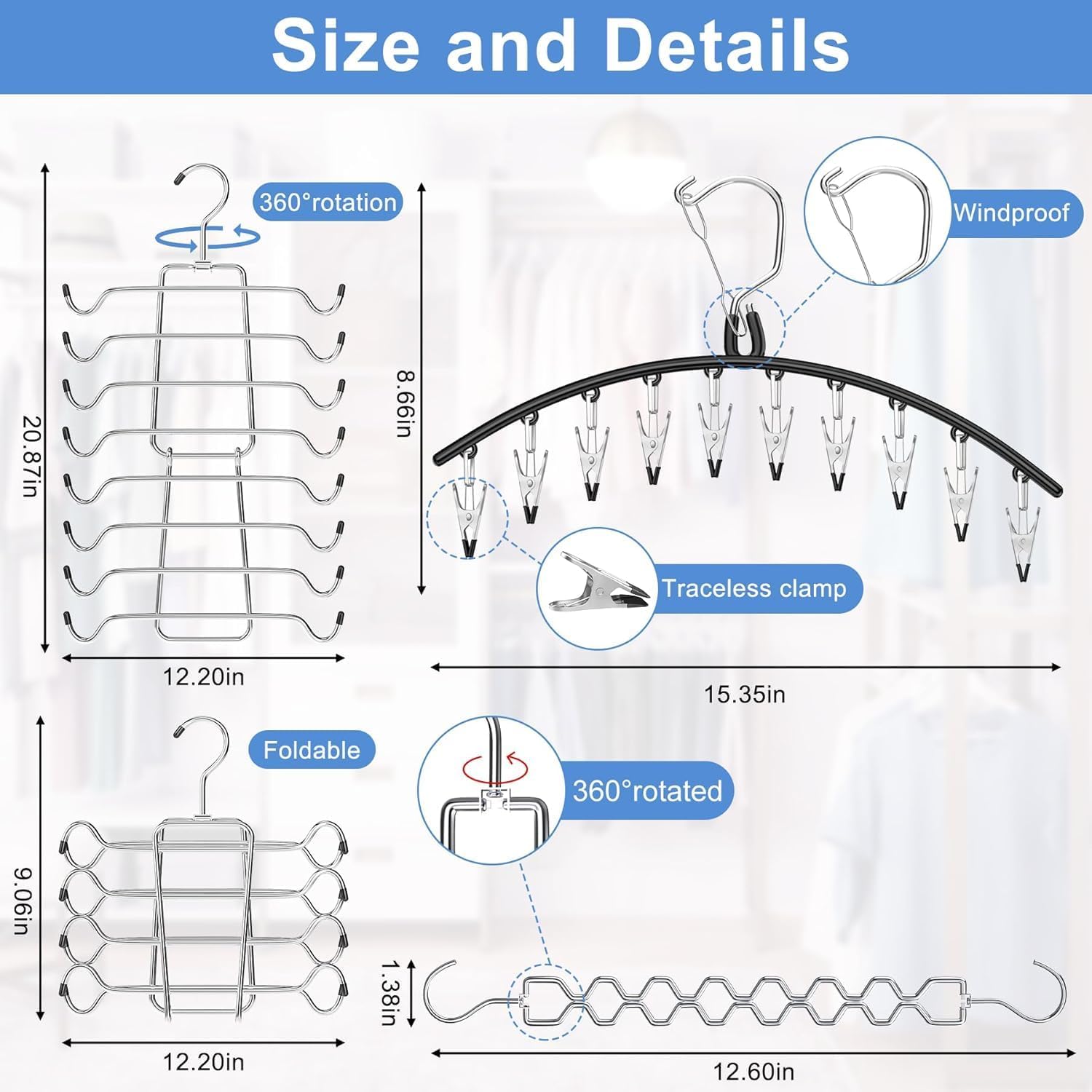 Legging Organizer for Closet Hanging, 3 Pants Leggings Hangers with 30 Clips, 2 Pack Pant Hangers Skirt Hangers, 1 Tank Top Hanger, 1 Metal Magic Space Saving — image 2