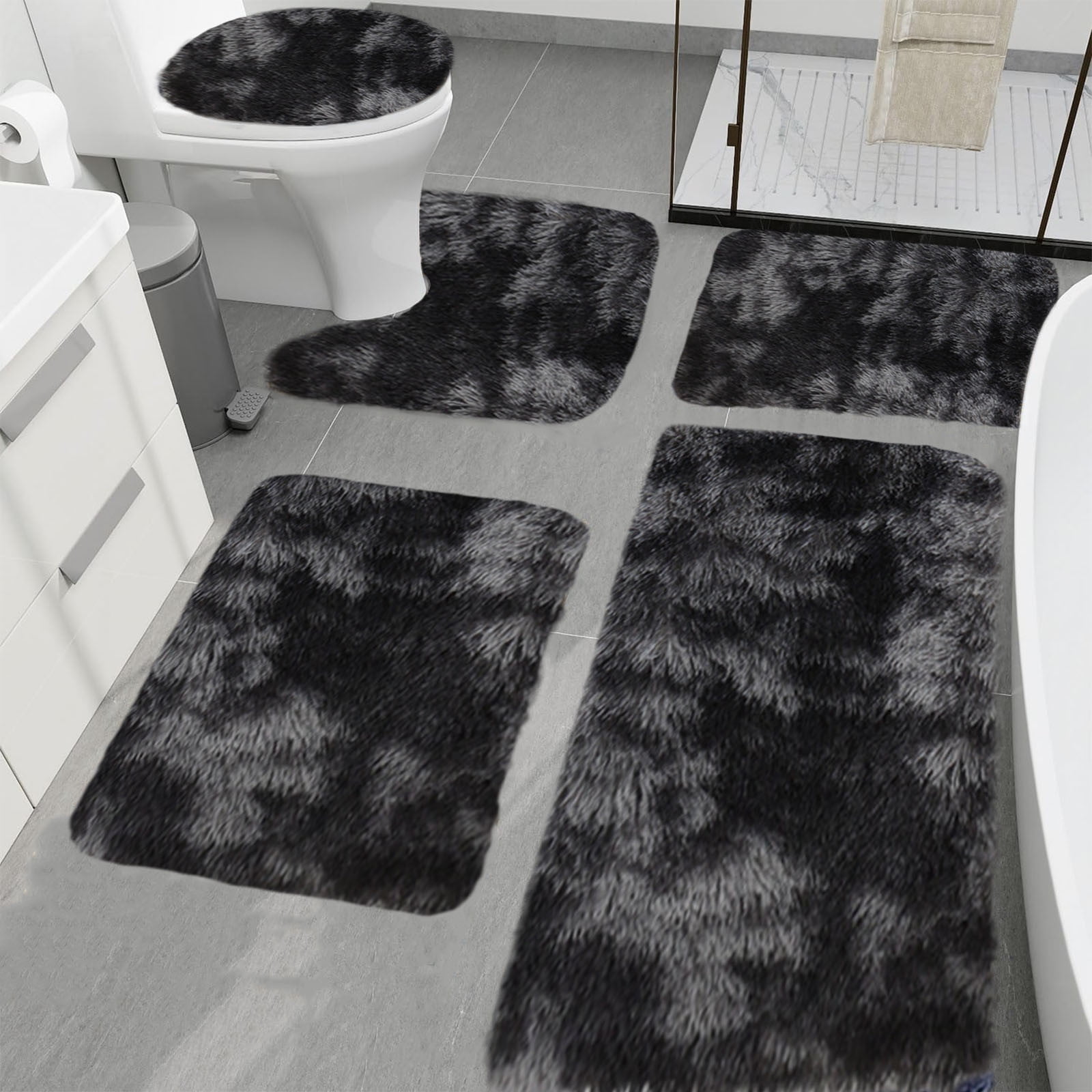 Tie-Dye Bathroom Rugs Sets, Non-Slip Bath Mat Set 5 Piece, Soft Comfortable Washable Bathroom Mat Set, Quicker Dry Bathroom Rug with Toilet Rug Black