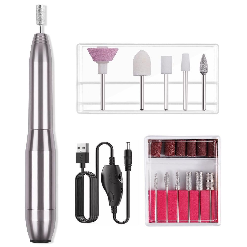 Electric Nail Drill Kit Cordless Nail Drill Portable USB Rechargeable Manicure Pedicure Tools for Acrylic Gel Nails -Silver