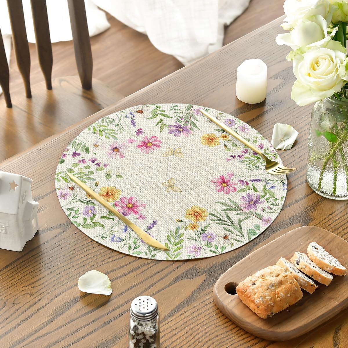 Floral Butterfly Summer Round Placemats Set of 4, 14 Inch Seasonal Spring Placemats for Party Kitchen Dining Summer Decoration — image 3