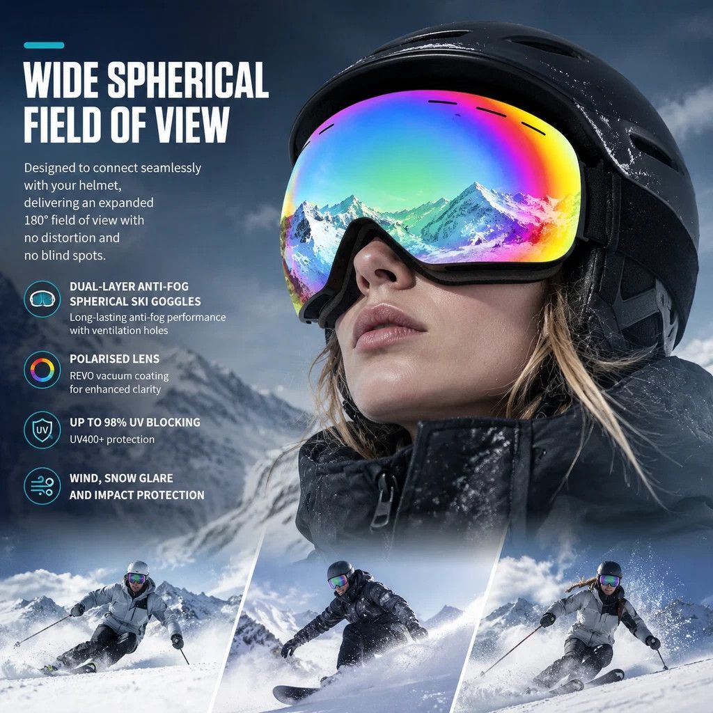 Sentimental Spherical Ski Goggles UV400, White Frame, Blue Lens + Striped Black White Strap ā image 5