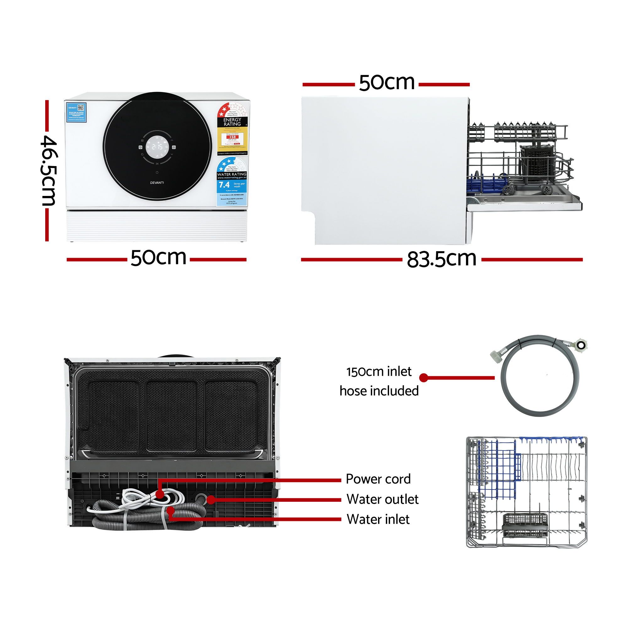 Devanti 6-Place Setting Benchtop Dishwasher 50cm White — image 2
