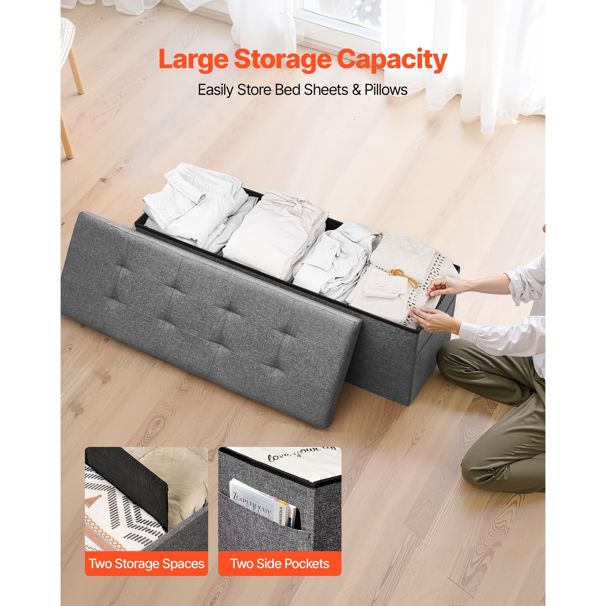 Foldable Storage Ottoman Bench, End of Bed Bench with Side Bags, Folding Upholstered Storage Chest Supports 660 lbs, Linen Bed Ottoman with Large Space for — image 2