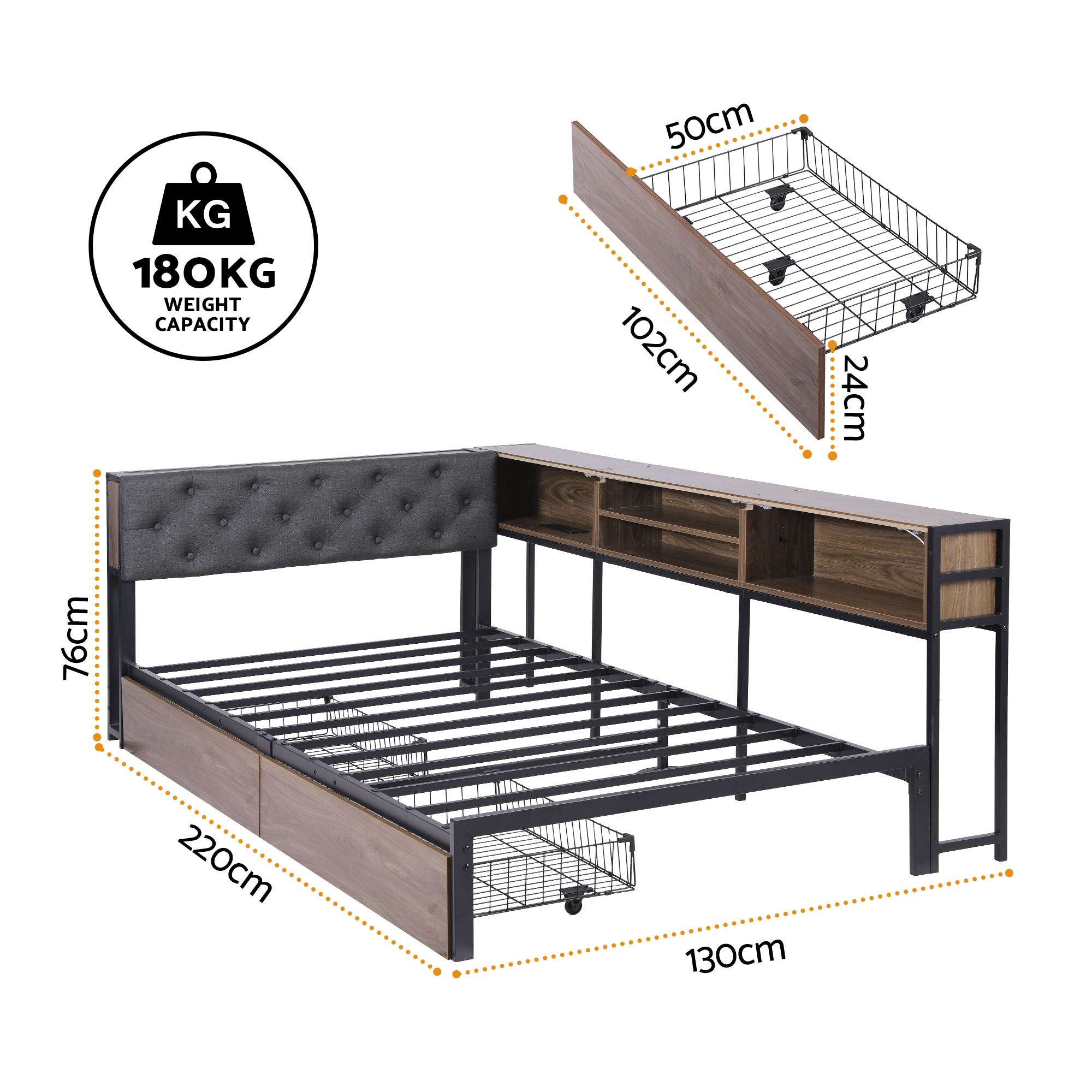 Artiss Bed Frame King Single Size with 2 Drawers and Charging Station Metal Corner Bed Base — image 2