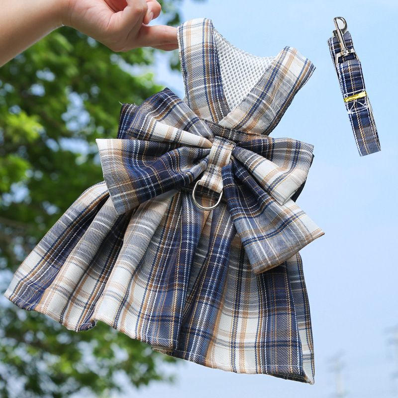 Navy Blue Plaid Pet Harness Dress with Leash for Small Dogs and Cats XS Size Bow Design Vest Outfit Walking Accessory — image 4