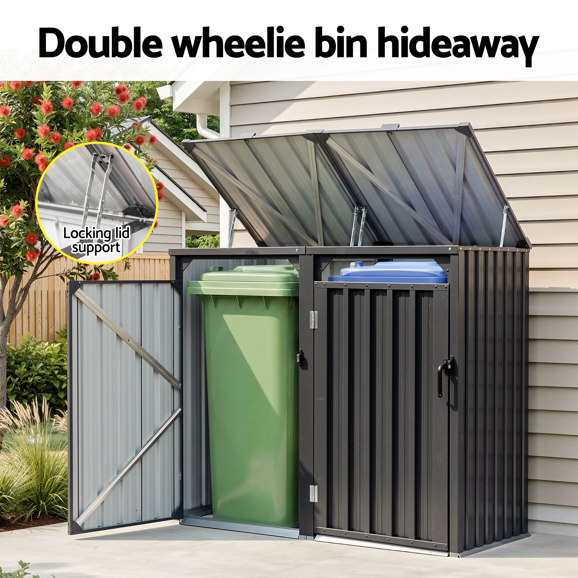 Giantz Bin Shed Double Wheelie Waste Bins Storage Steel Garden Enclosure Grey โ image 4