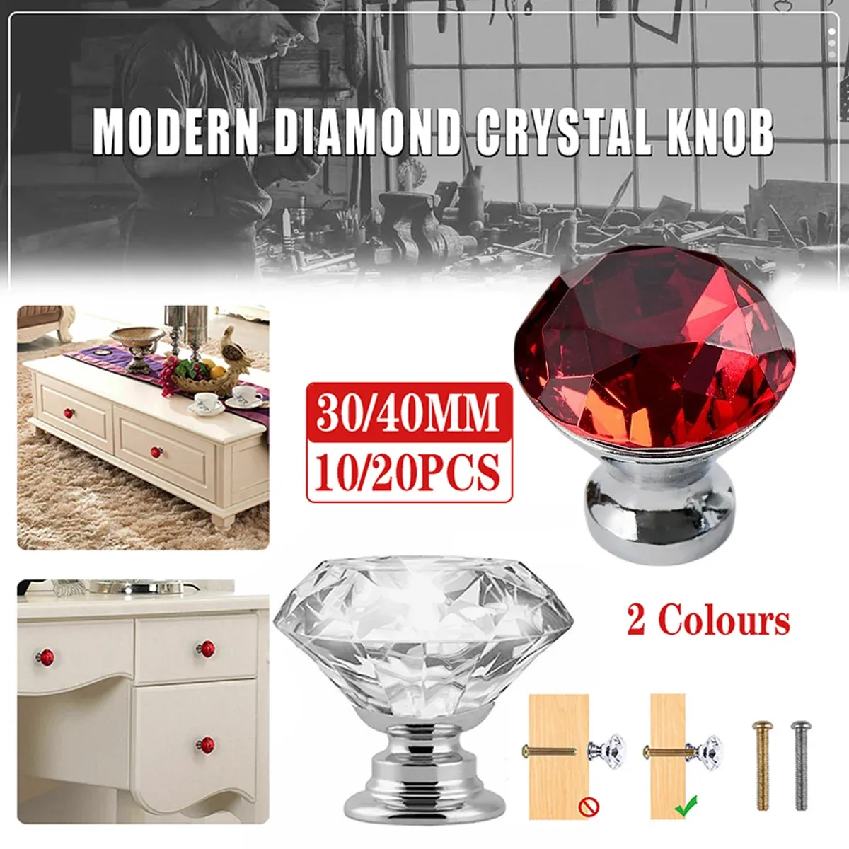 Door Knobs Handles Clear Crystal Diamond Glass Kitchen Cupboard Cabinet Pulls 40MM - Red-10PCS — image 2