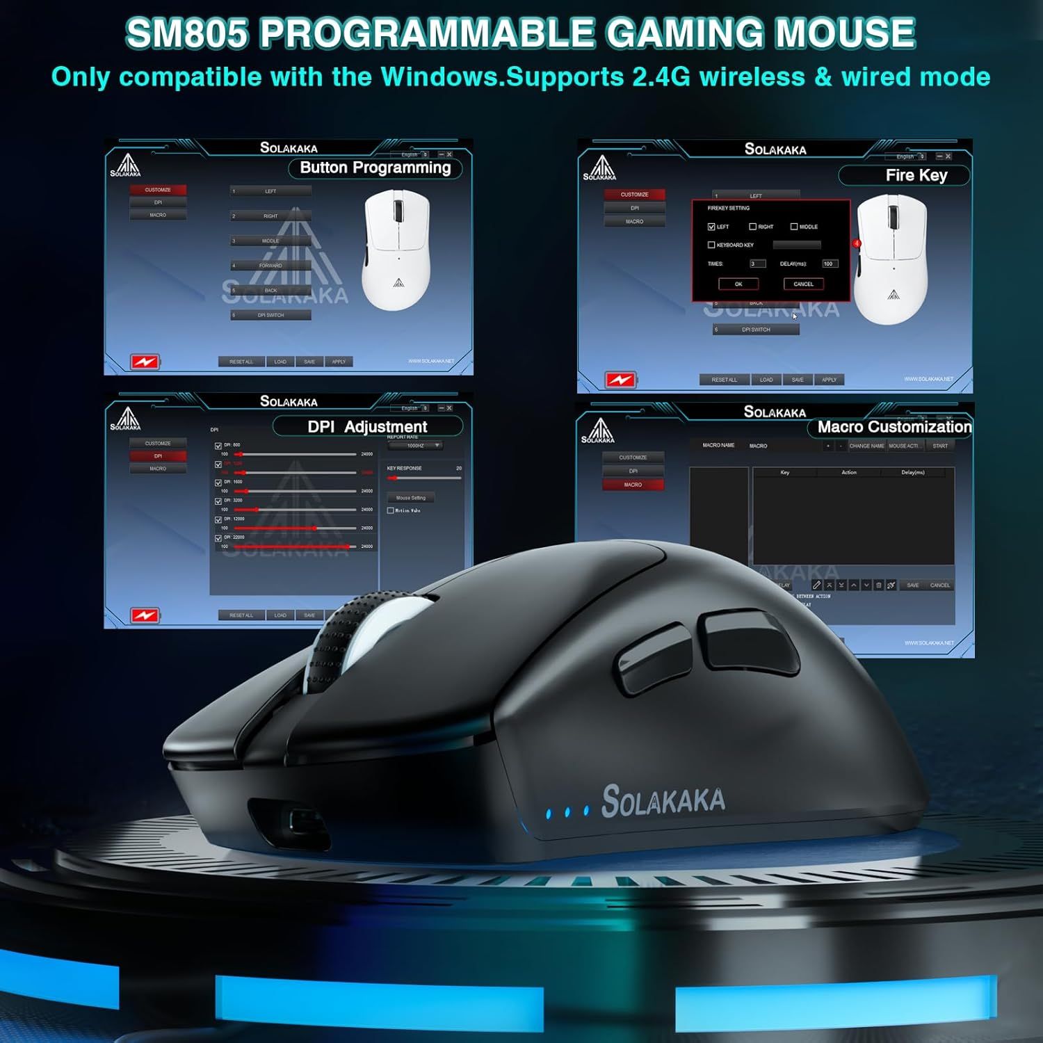 SOLAKAKA SM805 Tri-Mode Lightweight Wireless Gaming Mouse, 24000 DPI with Two Side Buttons,black — image 5
