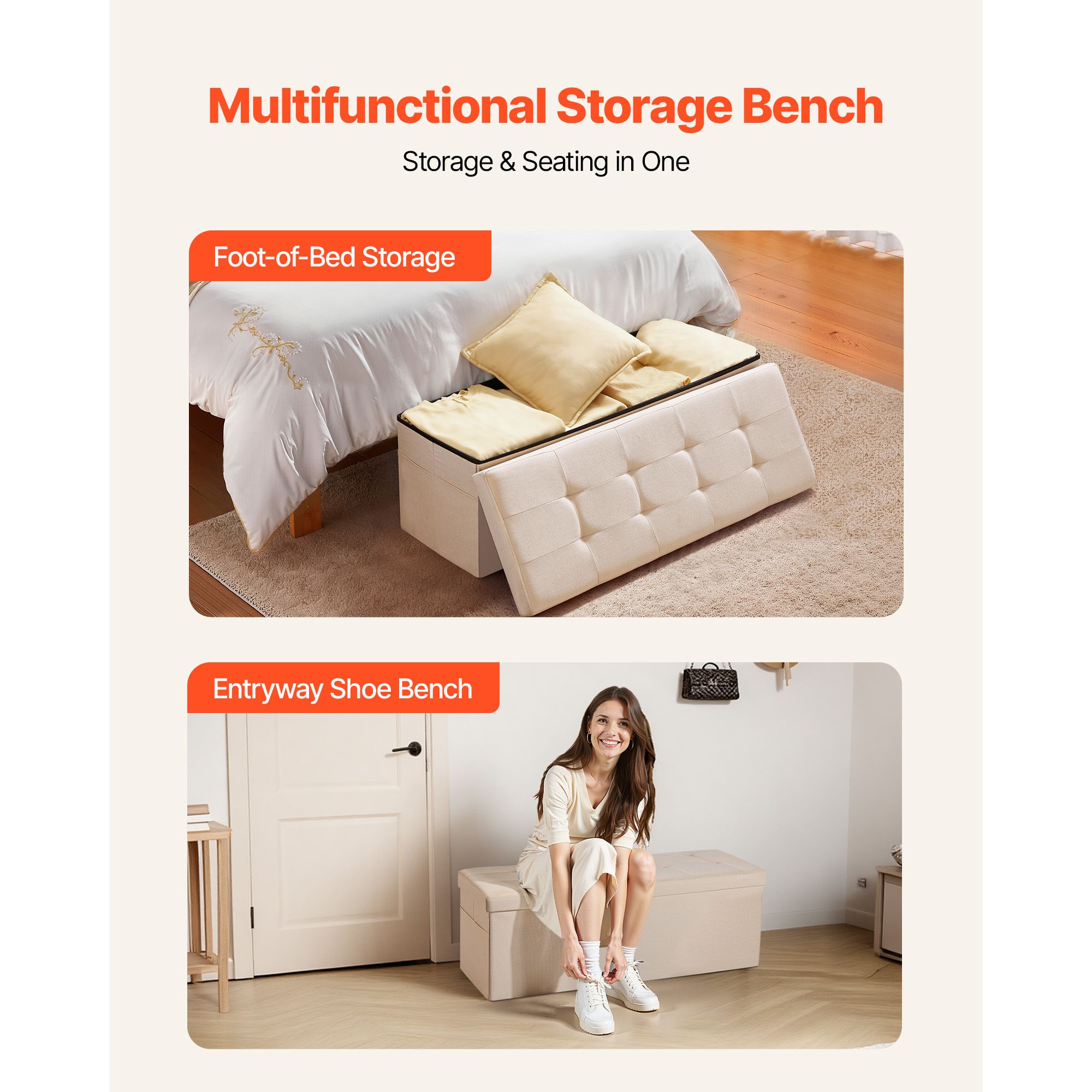 Foldable Storage Ottoman Bench, End of Bed Bench with Side Bags, Folding Upholstered Storage Chest Supports 660 lbs, Linen Bed Ottoman with Large Space for — image 3
