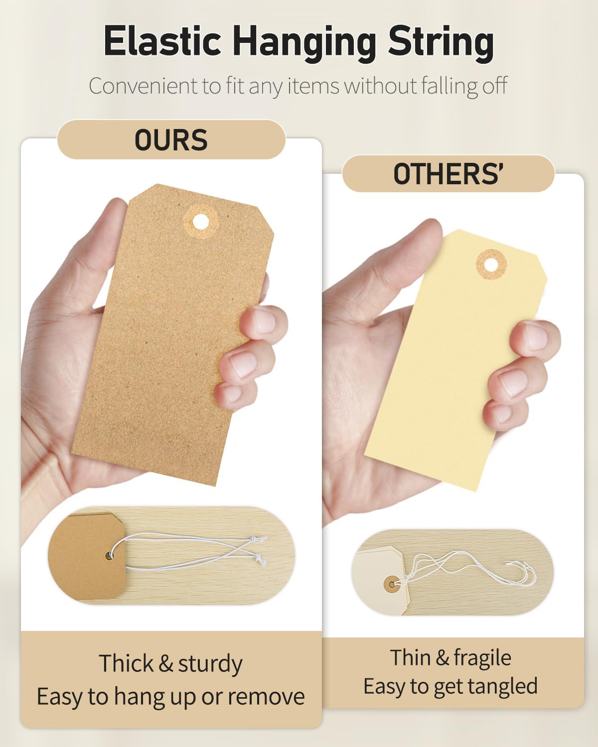 100 Pcs Kraft Blank Shipping Tags with Elastic String Attached Hanging Paper Tags with Reinforced Eyelet Large Marking Price Tag Inventory Label Tag, 4.7" x 2 — image 3