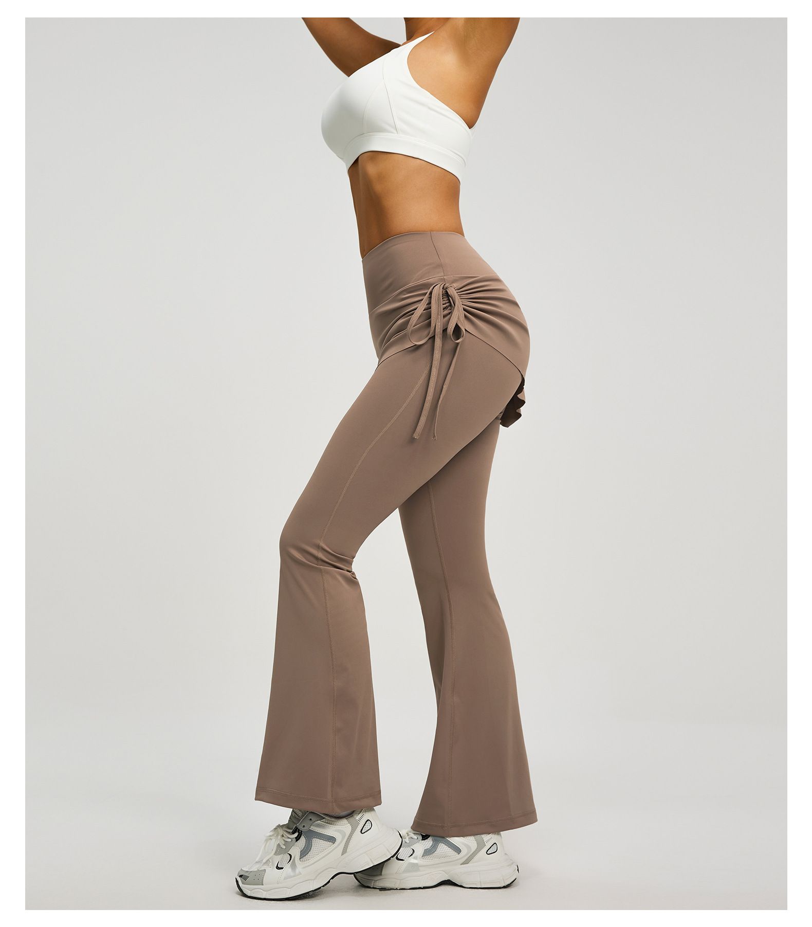 Women's High Waist Skirted Flare Yoga Pants with Adjustable Ruched Drawstring (S size)-Light brown Faux Two Piece Bootcut Leggings for Pilates, Gym โ image 6