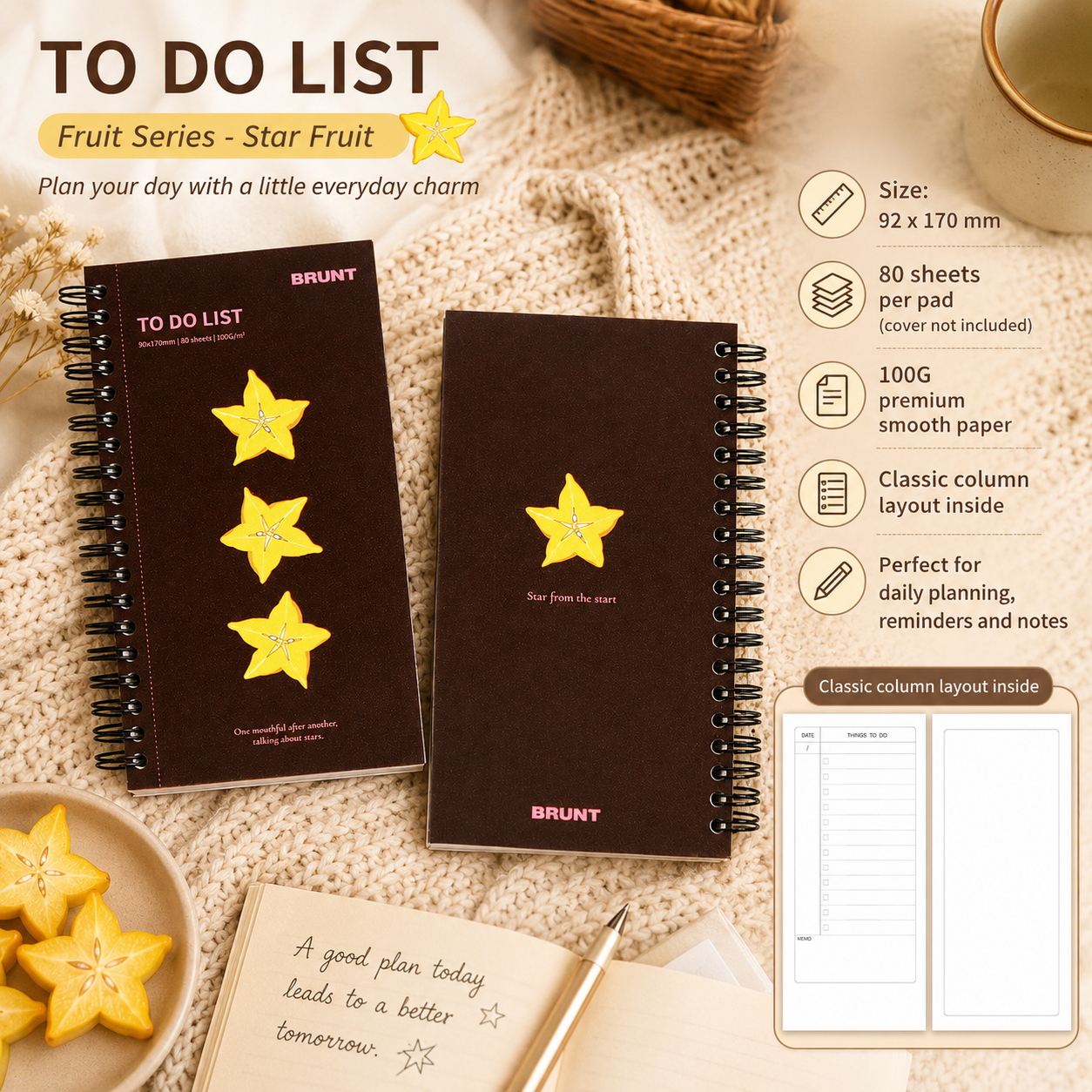 Fruit Series To Do List Notebook (Starfruit) – Spiral Bound Journal with Cute Fruit Cover, 80 Sheets, Portable Planner for Daily Notes, Study, Office and