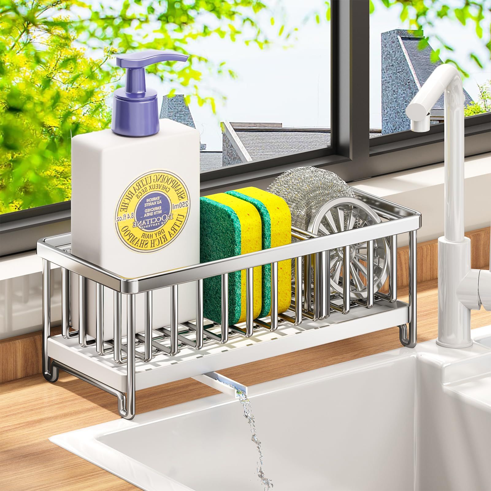 Sponge Holder for Kitchen Sink, Dish Sponge Organizer with Divider, Rustproof Dish Brush Holder Storage for Bathroom, Silver — image 5