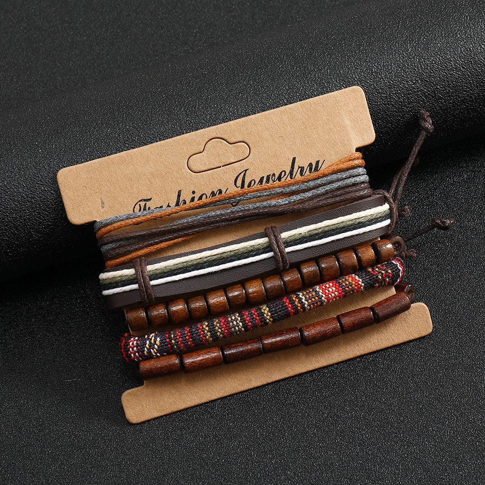 5PCS Men Women, Hemp Cords Wood Beads Ethnic Tribal Bracelets, Leather Wristbands-Wood Beaded Ethnic Tribal Cord Bracelet Hemp — image 4