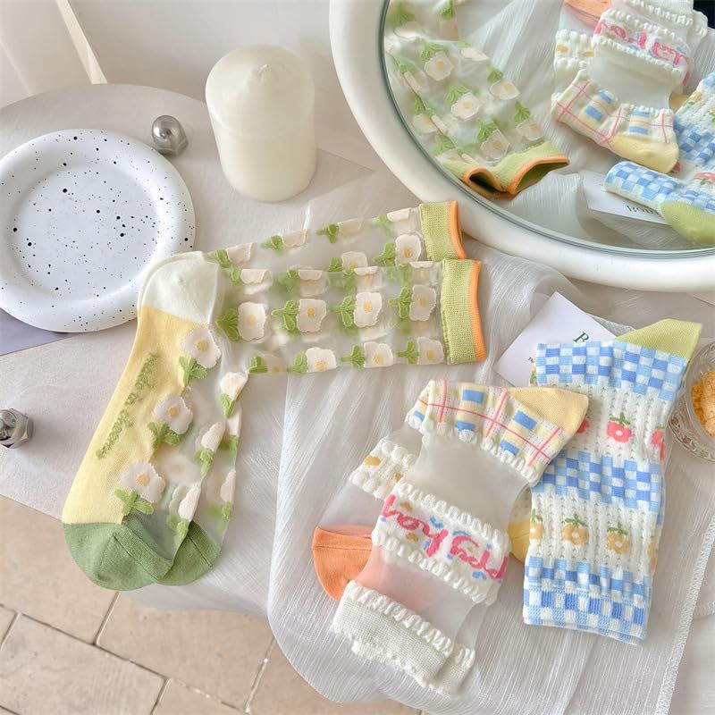 6 Pairs Womens Socks, Cotton Light Socks,Ruffle Lace Socks for and Womens candy lace sheer and cotton socks — image 2